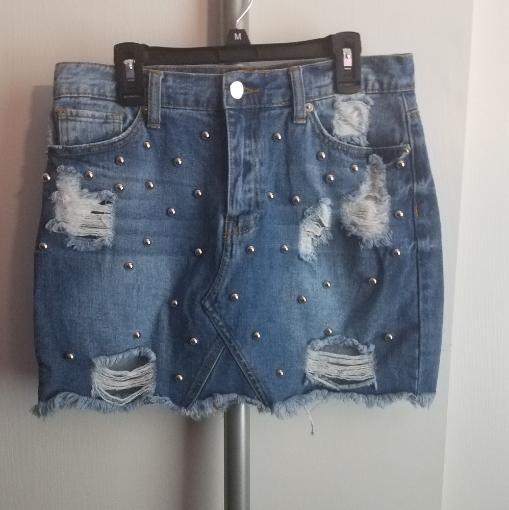 Studded and Distressed Denim Skirt
